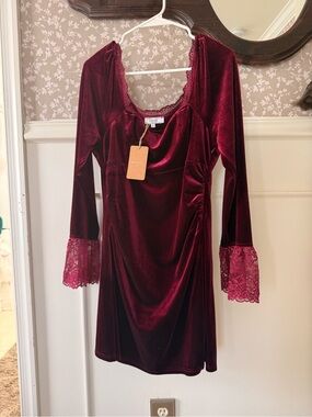 Velvet long sleeve lace trim dress